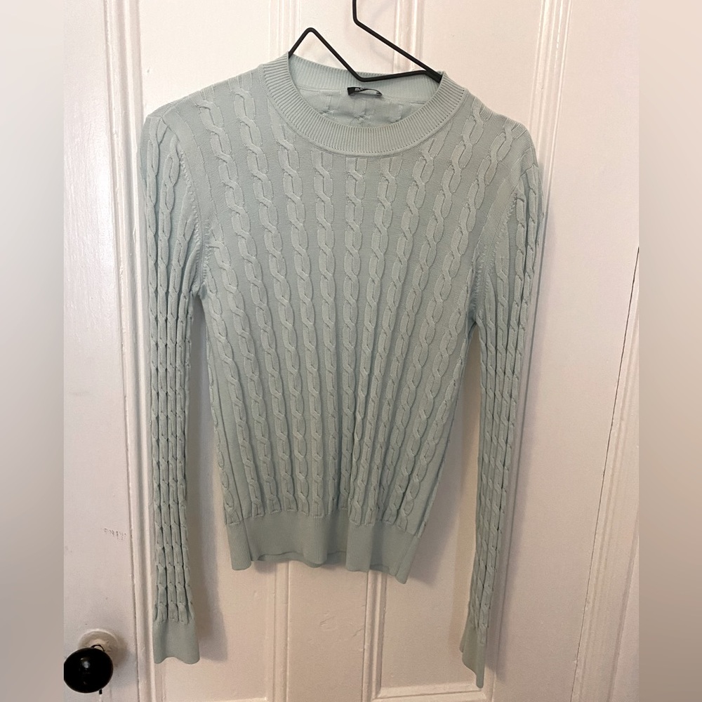 Jil Sander Navy Mint Cable Knit Crew Neck Sweater - Sz Small